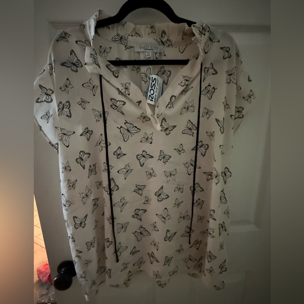 Sweet Rain Butterfly Print Blouse - Cream and Black